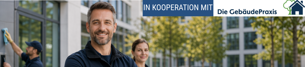 Zwei Männer in blauen Poloshirts stehen neben einem Fahrzeug mit Kooperationshinweis