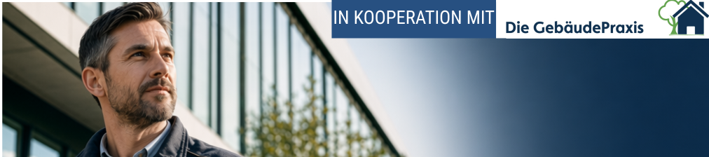 Flur mit offener Tür und Türgriff, daneben ein Kooperationshinweis im Banner