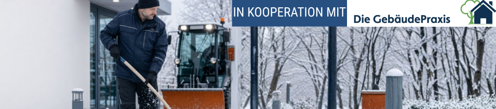 Warnschild mit Schneeflocke vor hellem Hintergrund und Kooperationshinweis