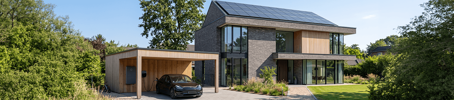 Modernes Haus mit PV-Anlage und Garage mit Ladestation
