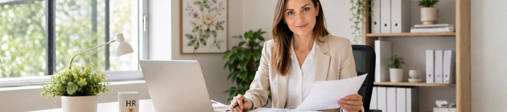 Frau arbeitet im Büro an einem Laptop und prüft ein Dokument; auf dem Schreibtisch steht eine Tasse mit der Aufschrift „HR“.